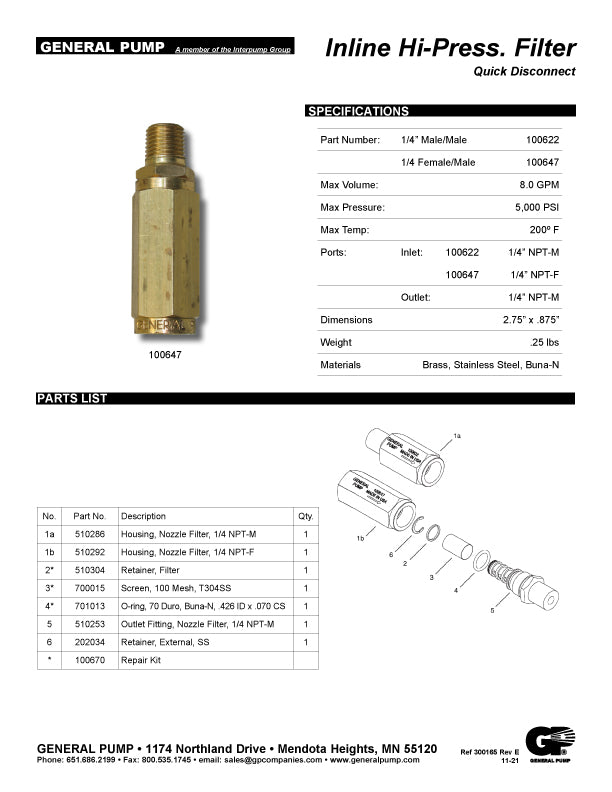 INLINE FILTER by GP 1/4" FPT IN X 1/4" MPT OUT - (6320)