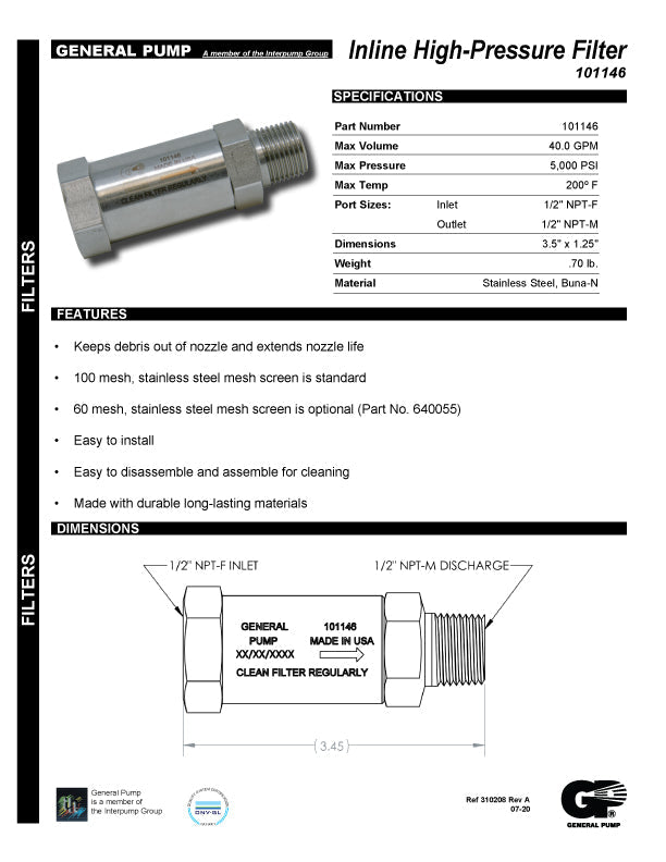 1/2" HIGH FLOW PRESSURE FILTERS by GP available at North American Pressure Wash Outlet