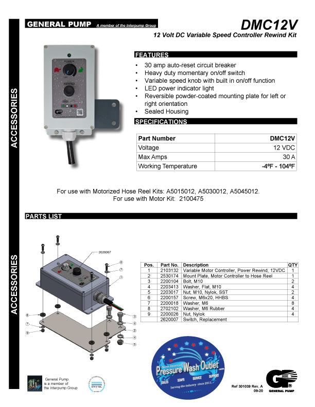 General Pump 12V Variable Speed Controller Rewind | Motorized Hose Reel Controller (7258.01)
