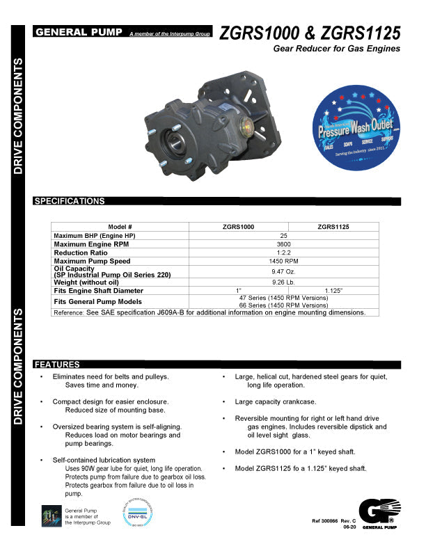 General Pump Gear Reducer | YGR1000 ZGR1000 | 24mm to 1" Engine Shaft